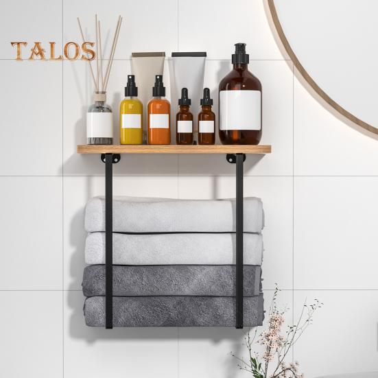 Настенный держатель для полотенец с деревянной полкой, прочный, несущий, простой в установке, многофункциональный держатель для хранения полотенец в ванной комнате