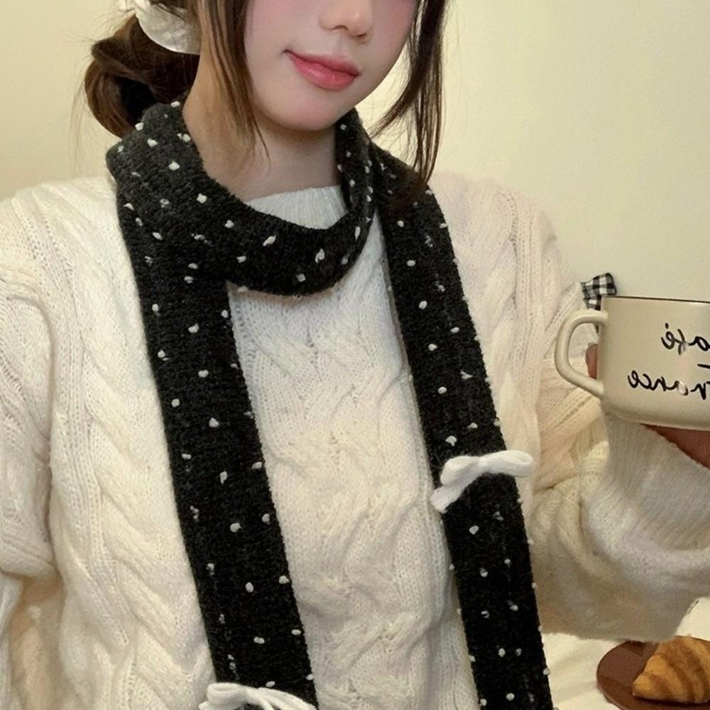 Harajuku Bow Wool Shawl Polka Dot Long Narrow Scarves Sweet Knitted Scarf Autumn/Winter