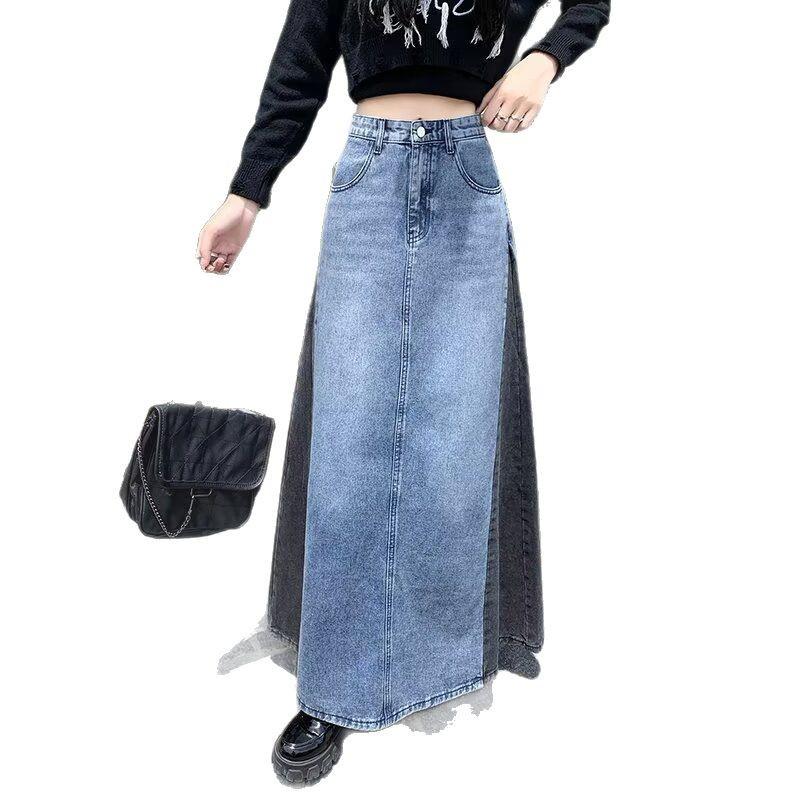 Ретро Джинсовая Юбка Миди А-силуэта в Лоскутном Стиле - Весна 2025 Женская Приталенная Модель с Цветным Блочным Дизайном