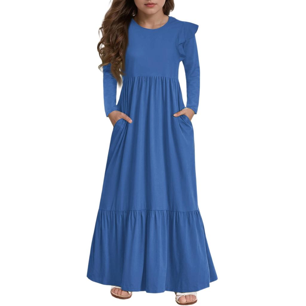 Girls' Tiered Ruffle Dress - Long Sleeve Printed Maxi With Pockets
