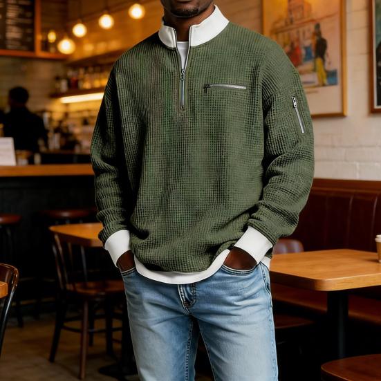 Мужская вафельная толстовка на молнии до четверти с воротником-стойкой, повседневный пуловер, блок цветов, топ с длинным рукавом для офиса, улицы, спортзала