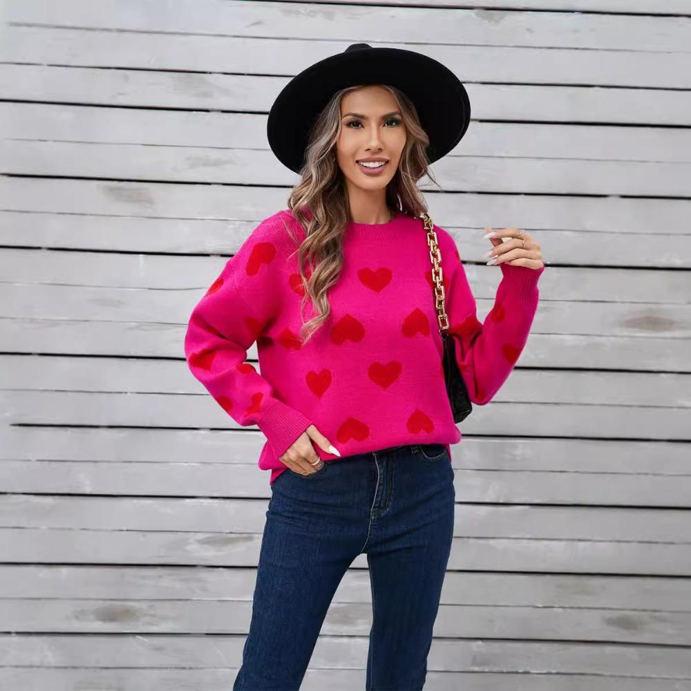 2025 Осень и Зима Любовный Свитер Милый Пуловер с Круглым Вырезом Большого Размера Свитер с Персиковым Сердцем