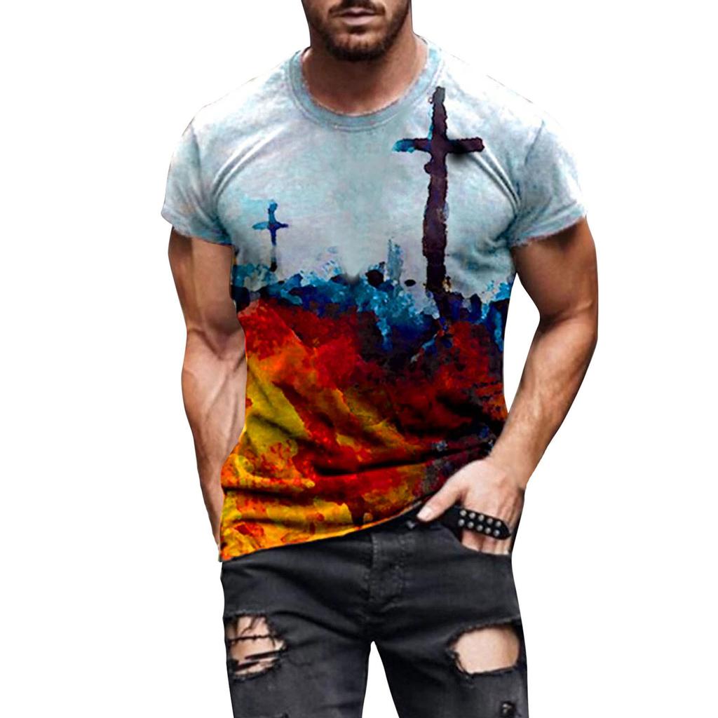 Men's Street Fashion Casual Cross Print Round Neck Short Sleeve