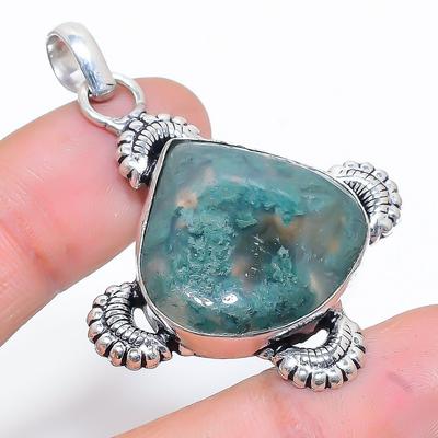 Индийский моховой агат ручной работы из стерлингового серебра 925 пробы кулон 1,97" T8l75