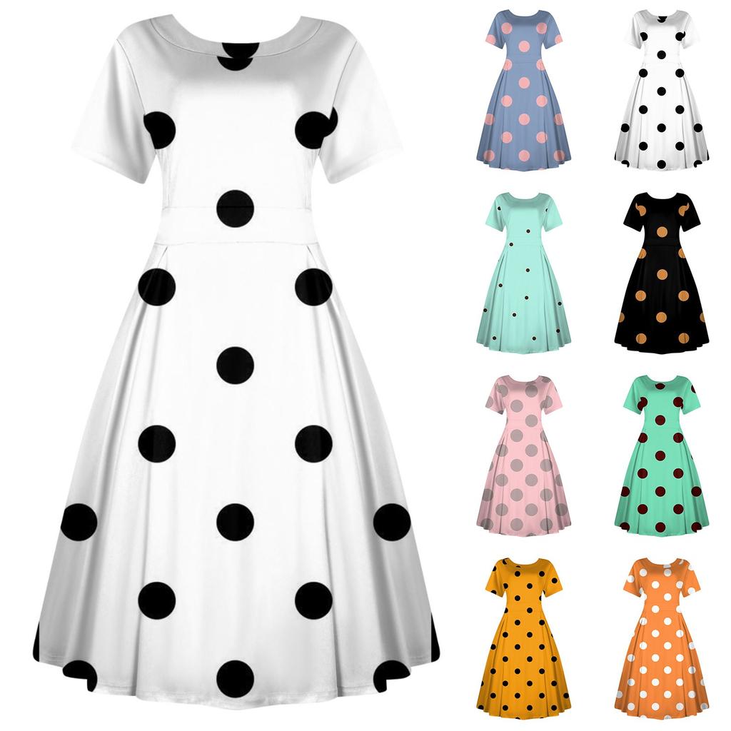 Women's Casual Fashion Dress Vintage Sunflower Printed Round Short Sleeve Waisted Midi Long Big Swing Dresses