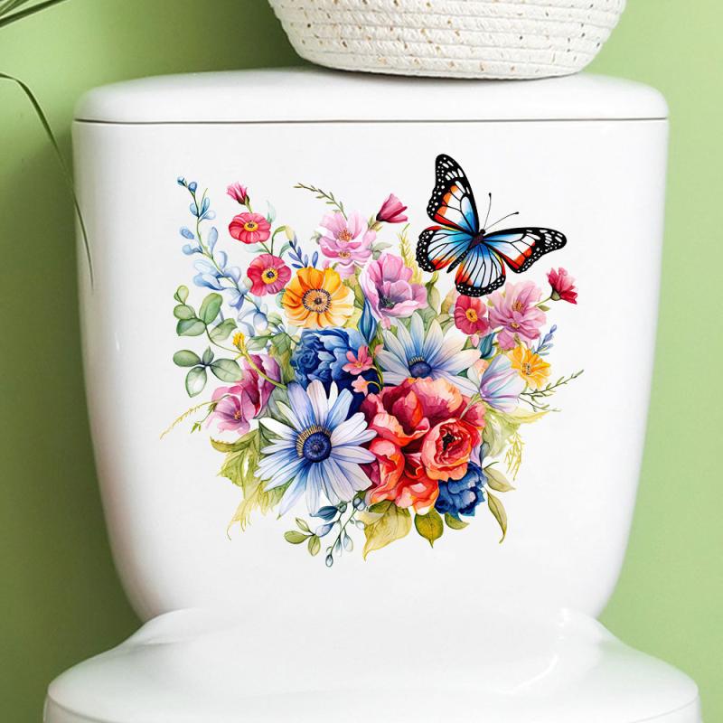 Butterflies Surround Flowers Toilet Sticker Home Decoration Toilet Lid Wc Universal Waterproof Decals Bathroom Accessories