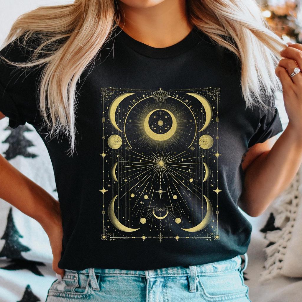 Mystic Moon Phases Sun Shirt, Celestial Gold Crescent Moon T-Shirt, Solar System Shirt, Astrology Shirt, Astronomy Shirt, Witchy Graphic Tee