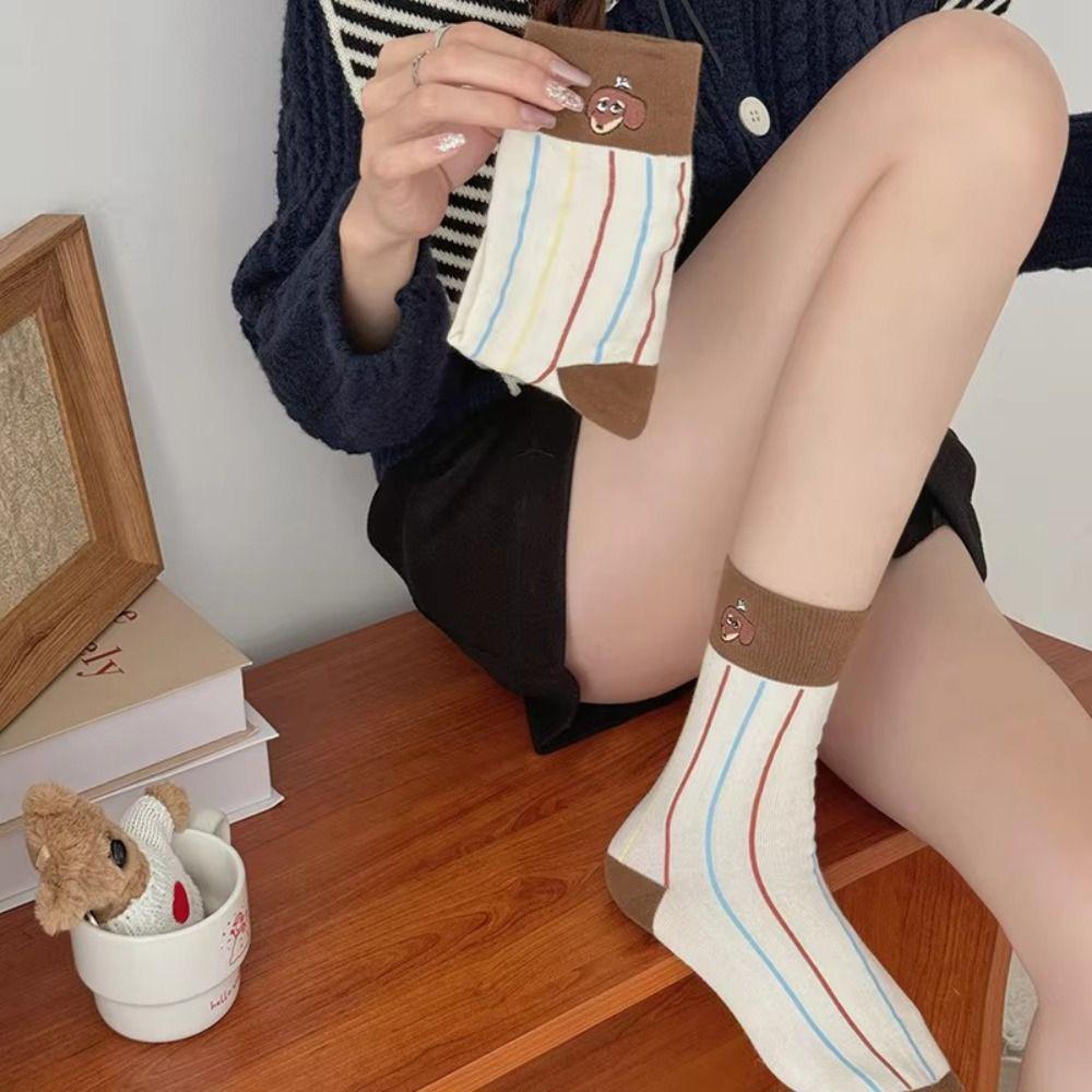 4 Pairs Embroidered Puppy Mid Calf Socks Warm Kawaii Striped Socks Fashion Dog Crew Socks Daily Use