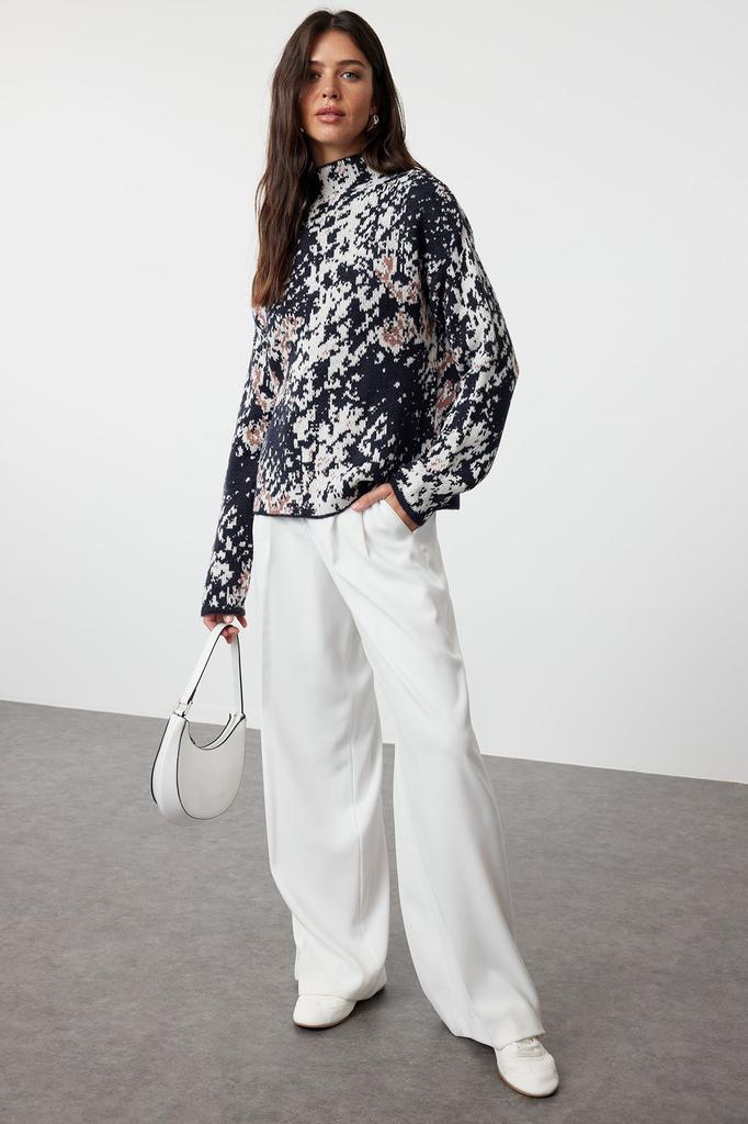 Женский модный стильный свитер с леопардовым рисунком и высоким воротником, трикотажный свитер