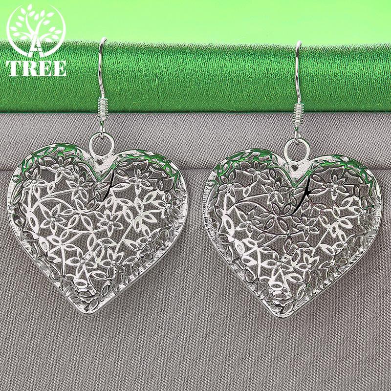 Sweet Romantic 925 Sterling Silver Carved Flower Heart Drop Earrings Women Birthday Anniversary Party Jewelry Fine Accessories