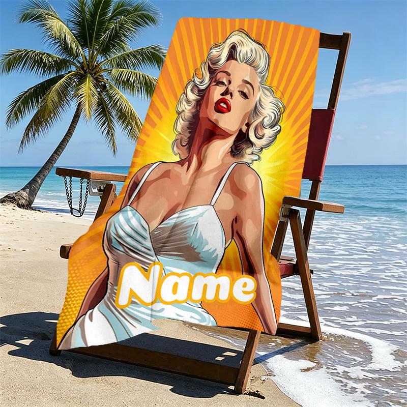 Custom Name Personalized Marilyn Monroe Print Beach Towel, for Trip Camping Beach Party Home Decor, Birthday Gift for Family & Friends