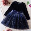 Autumn Winter New Girls Long Sleeve Dress Velvet Patchwork Stars Gradient Mesh Princess Dress Christmas Red Party Evening Gowns