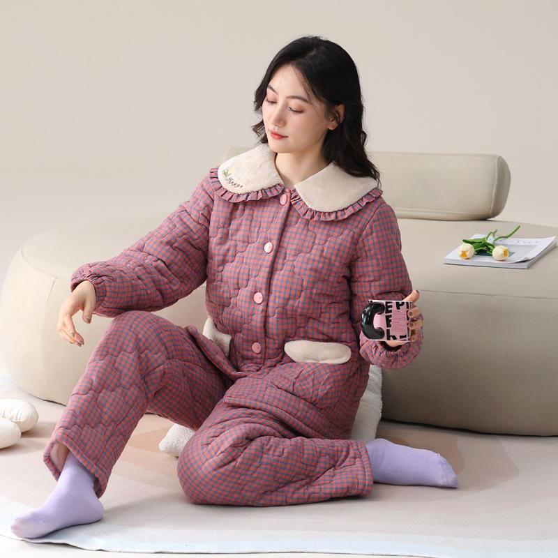 Пижама женская зимняя бархатная трехслойная утолщенная тканая чистый хлопок с хлопковой подкладкой осень-зима для мамы среднего возраста стеганая куртка домашняя одежда
