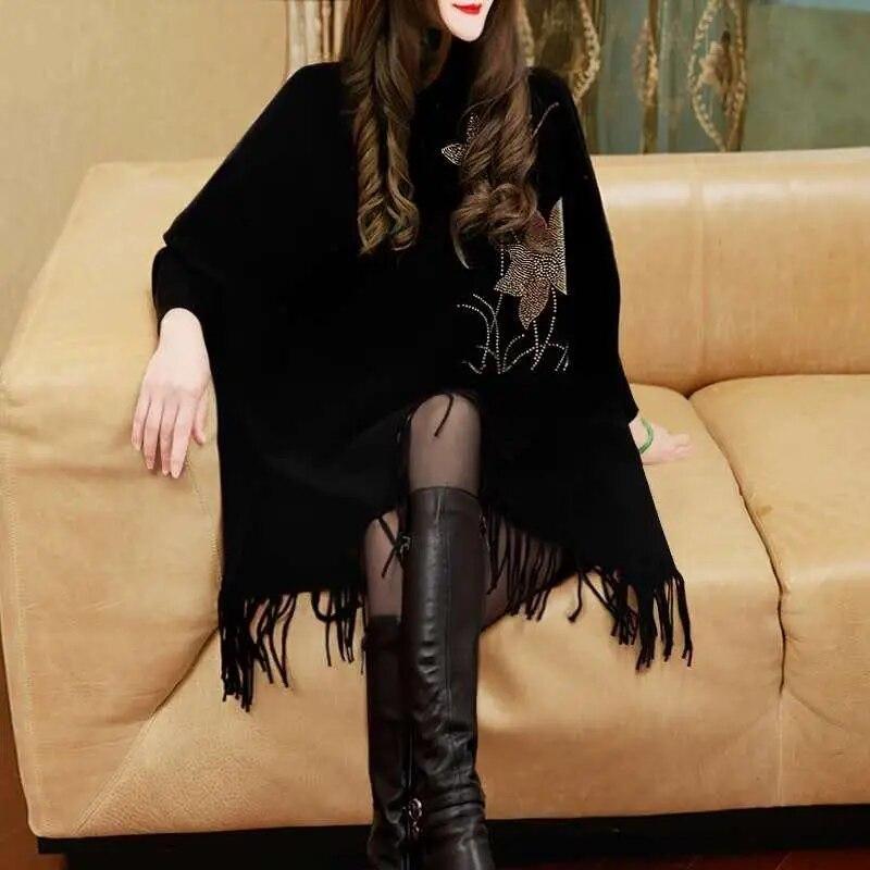 Осенне-зимняя женская новая модная шаль средней длины, корейское издание, свободный свитер высокого класса с ромбовидной вставкой