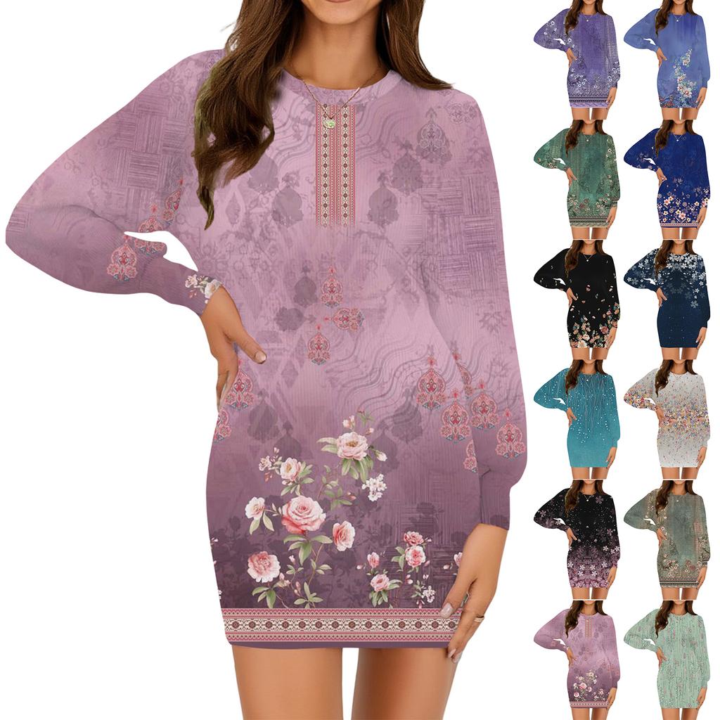 Женское модное повседневное платье с круглым вырезом и длинными рукавами