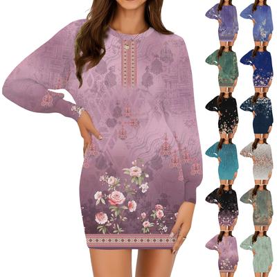 Женское модное повседневное платье с круглым вырезом и длинными рукавами