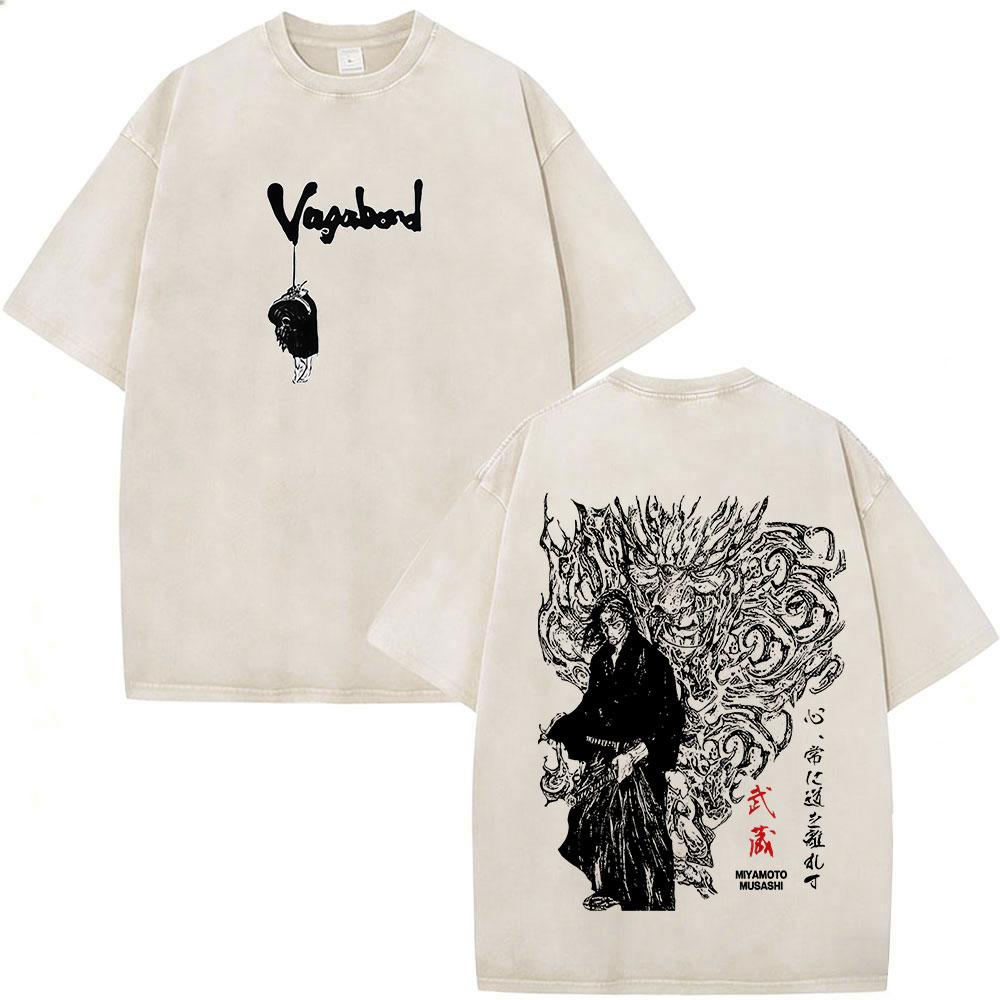Vintage Washed Anime Vagabond Miyamoto Musashi Manga Tshirts Men Women Clothing Casual Cotton Short Sleeve Oversized T Shirts