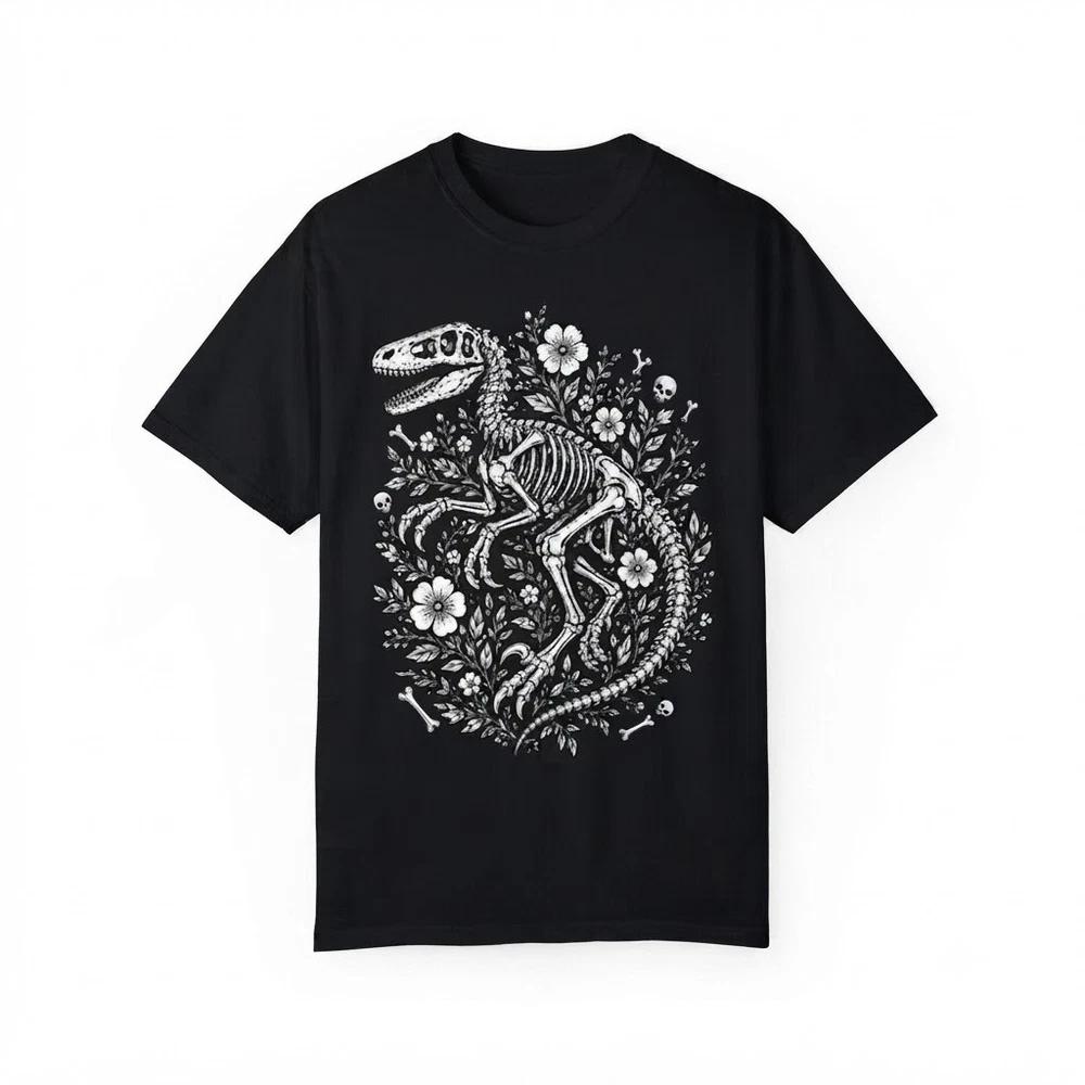 Floral Velociraptor Skeleton Dinosaur Fossil Black Tshirt