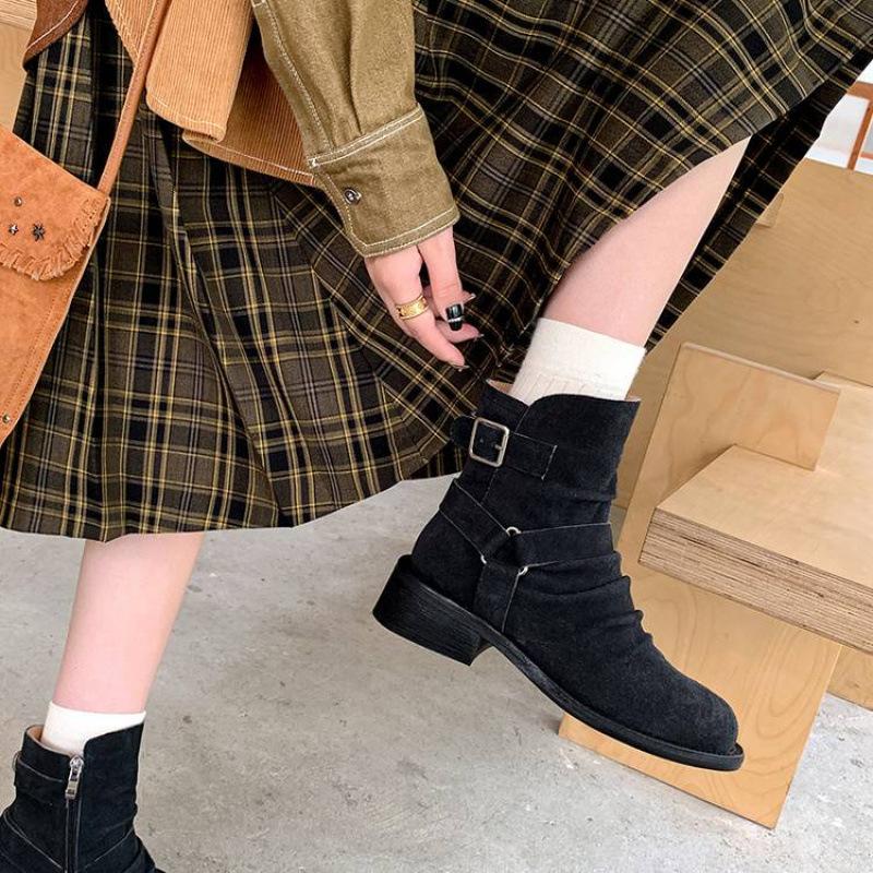 Новые женские кожаные ботинки с боковой молнией, из коровьего велюра, большого размера, женские ботинки на среднем каблуке, большого размера, женские ботинки, осенне-зимние кожаные ботинки Мартин