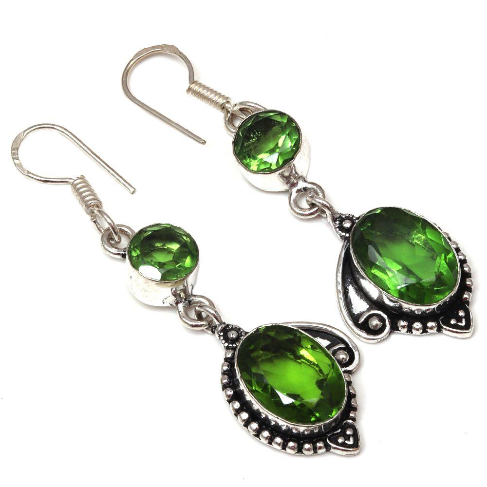 Peridot Quartz Gemstone Handmade Silver Jewelry Earrings 1.5''