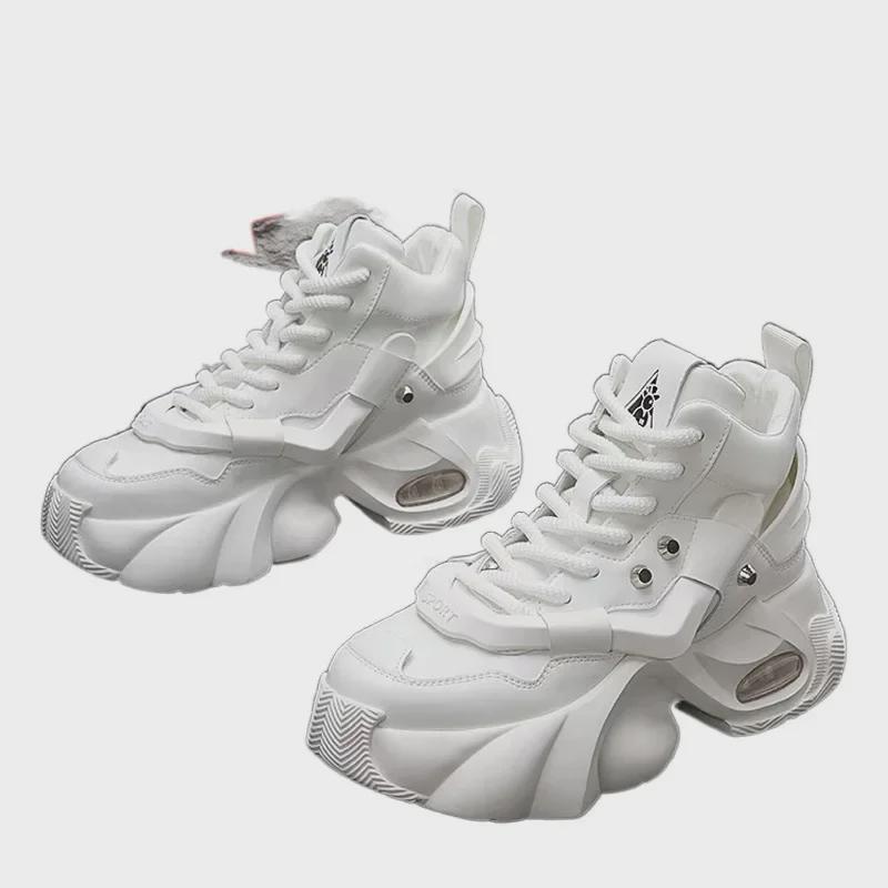 2024 Men's White High-Top Shoes with 12cm Invisible Height Increase, Air Cushion, Thick Sole, Fashionable Dad Sneakers