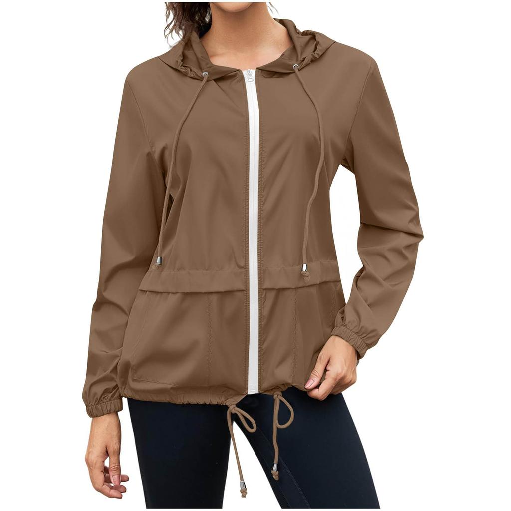 Women's Fashion Solid Color Zipper Hoodie Outdoor Hiking Rainproof Jacket