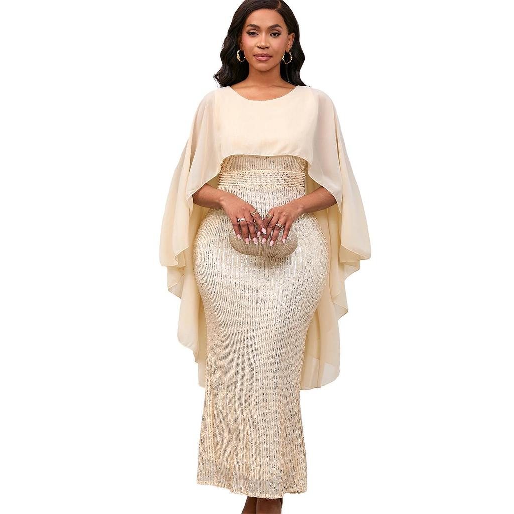 Европейское и американское женское весеннее шифоновое кейп-платье с пайетками и длинной юбкой для вечеринки