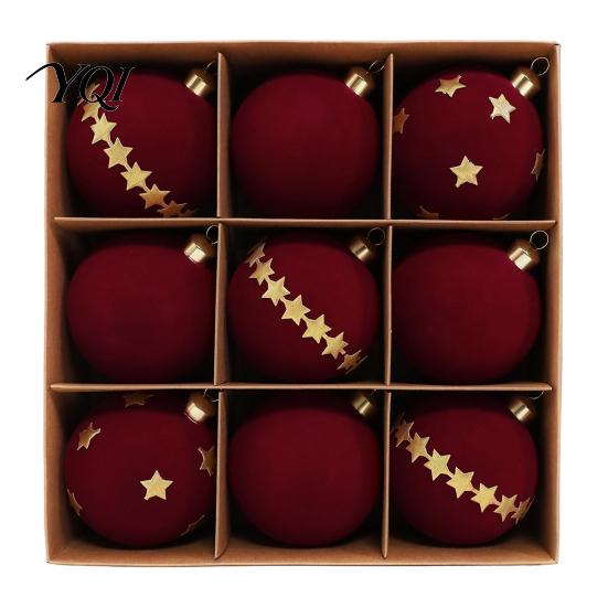Luxury Christmas Tree Bulbs 9Pcs Flocked Ball Ornaments, Burgundy Velvet Balls with Gold Retro Party Supplies Embroidery, Hanging Decor for