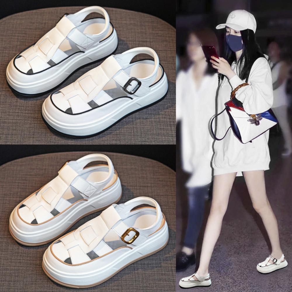 Женские босоножки на платформе, кожаные римские босоножки Baotou, женская летняя новая обувь 2025 года с вырезами, повседневные сандалии