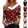 Women's T Shirt Tee Christmas Print Shirt Three Quarter Sleeve Party Christmas Fleece Collar V Neck  Top