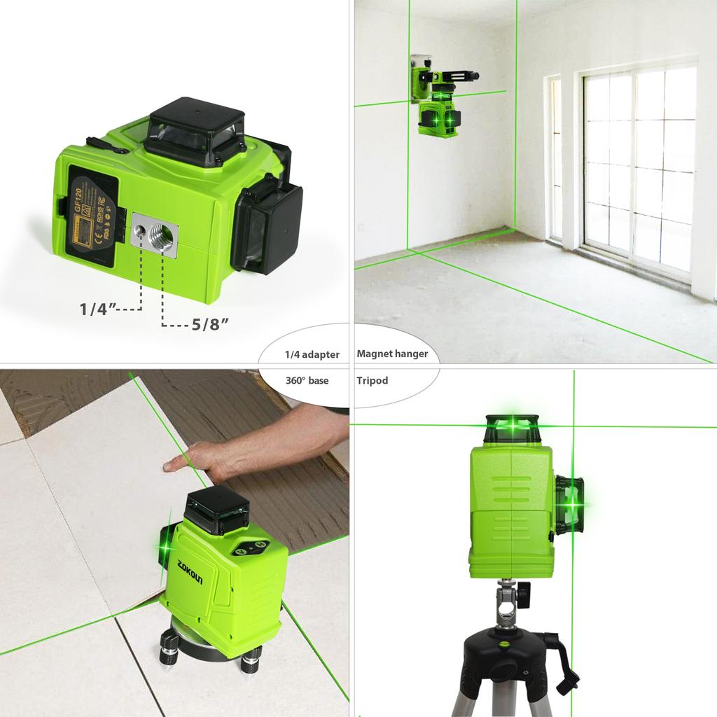 Green 12 Line Laser Level with 5200mAh Rechargeable Battery Module (GF120) - Accurate 3D Model Self-Leveling for Horizontal and Vertical Measurements