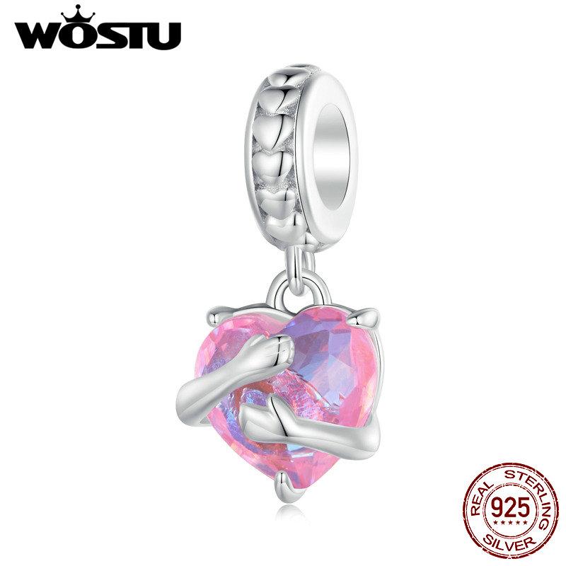 WOSTU Подвески из стерлингового серебра 925 пробы с сердцем и радужными объятиями подходят для оригинального браслета, ювелирные изделия своими руками