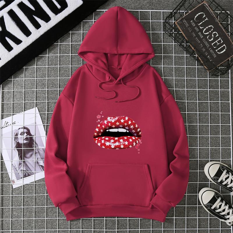 Loose Long Sleeve Women's Hoodie Lip Print Trendy Plus Size Cross-Border Pattern Crew Neck Regular Length Girl Style