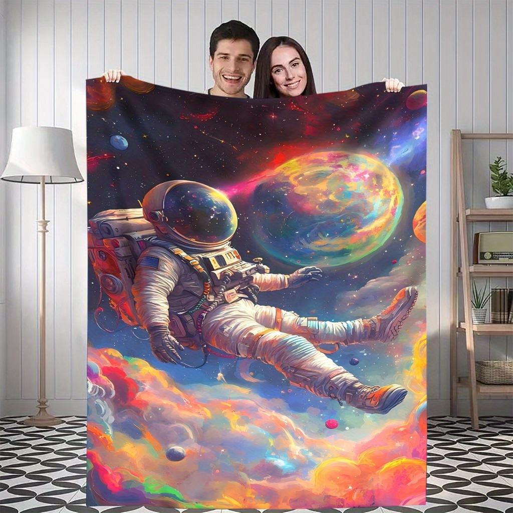 1pc Space Astronaut Throw Blanket - Soft Flannel All-Season Warmth, Cosmic Space Walk Design with Planets & Stars - Lightweight