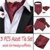 New Fashion Ascot Tie Mens Red Paisley Tie with Handkerchief Cufflinks Set Silk Wide Tie