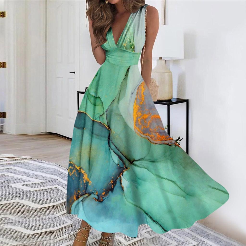Женское длинное платье Платье макси Повседневное платье Летнее повседневное платье без рукавов с v-образным вырезом в стиле бохо с талией и принтом