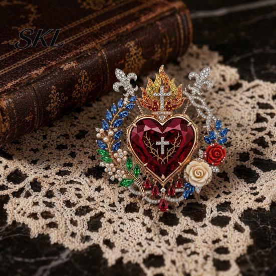 Religious Jewelry 1/2Pcs Radiant Sacred Heart Floral Faux Gemstone Brooch, Christian Pin for Women, Vintage Style Symbol Pin, Coat Dress Scarf,