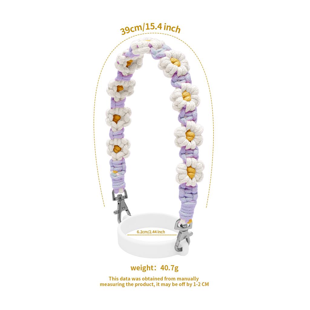 Handmade Macrame Daisy Drink Carrier with Adjustable Hand Strap Coffee Cup Sleeve Reusable Caddy for Boba Tumbler