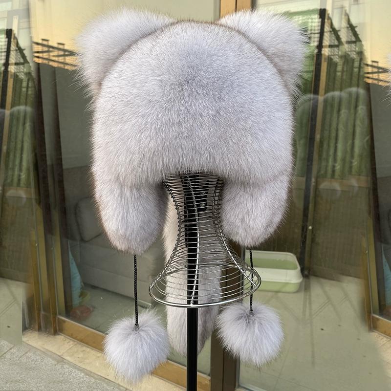 Outdoor Earflap Hat Snow Ski Cap Fleece Bomber Trapper Hat Women Ushanka Real Fox Fur Pompom Winter Russain Cossack