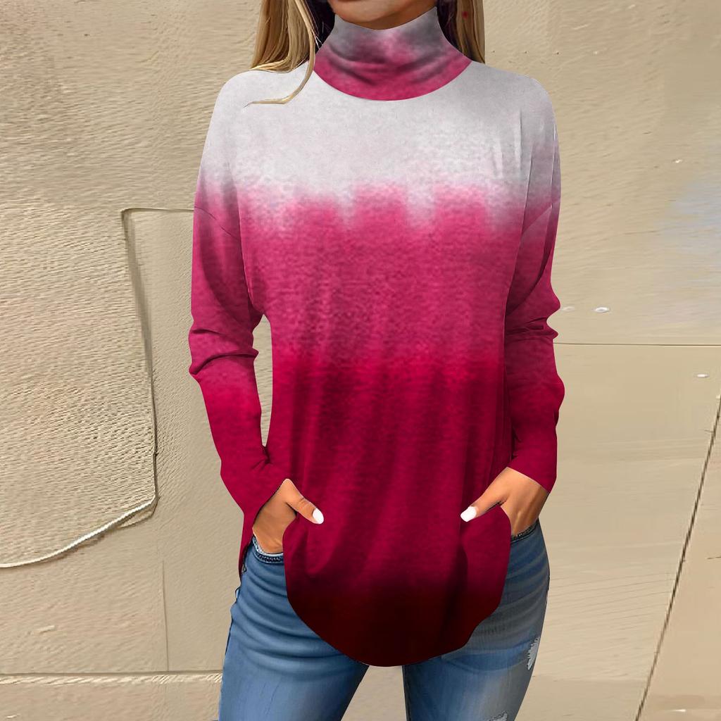 Футболки для женщин, осенние повседневные рубашки с длинными рукавами, толстовка с винтажным принтом, топ с высоким воротом, пуловер