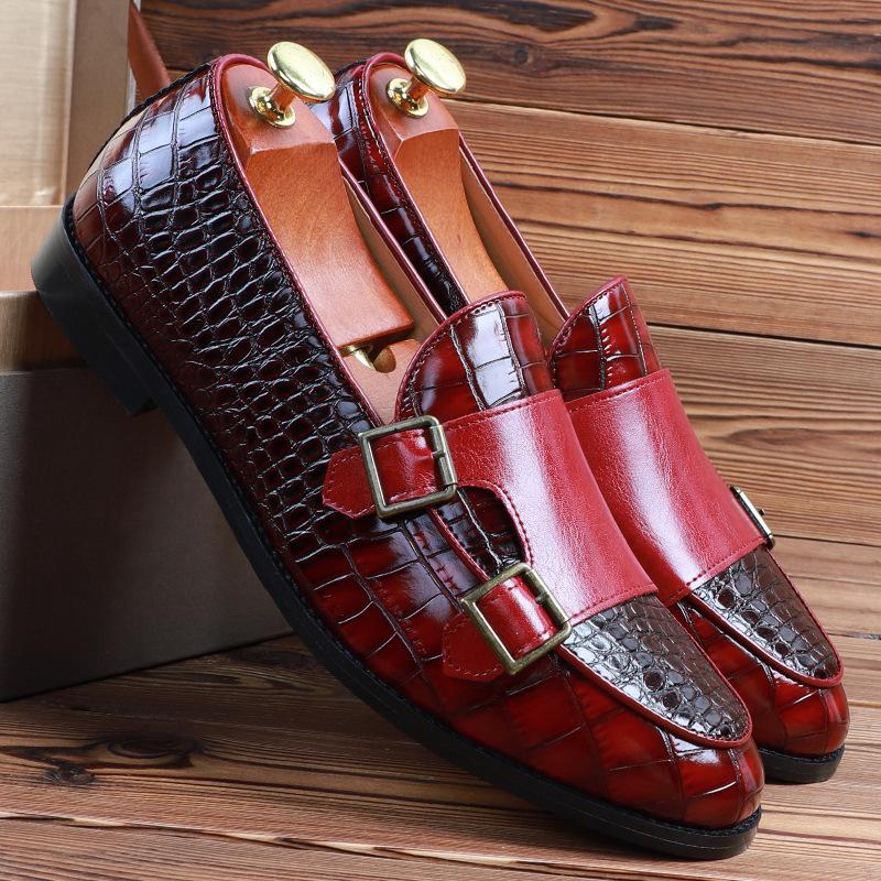 Luxury Dress Shoes Mens Classic Crocodile Pattern Leather Shoes Monk Buckle Strap Pointed Toe Party Loafers Shoes For Men
