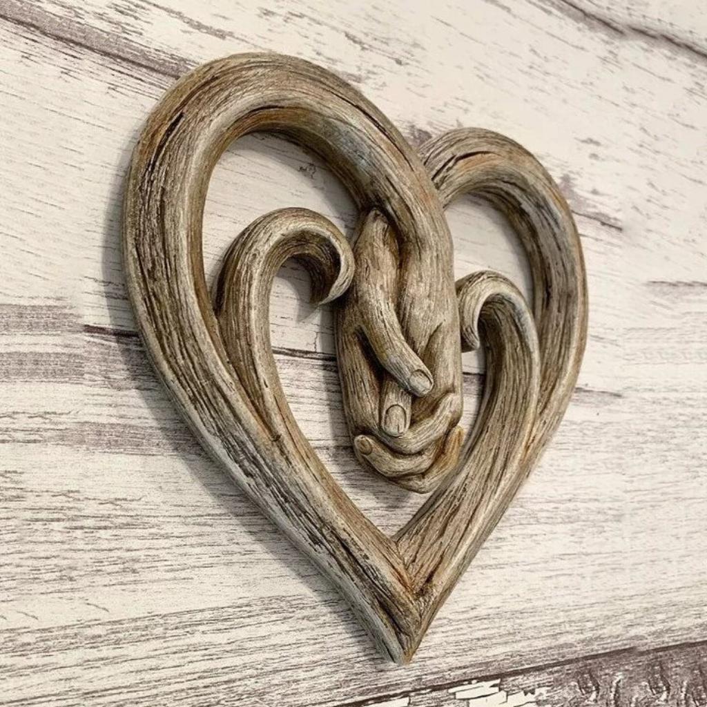 Art Sculpture Heart Holding Hands Wall Decor Decorative - Faux Wood Finish - Forever Love