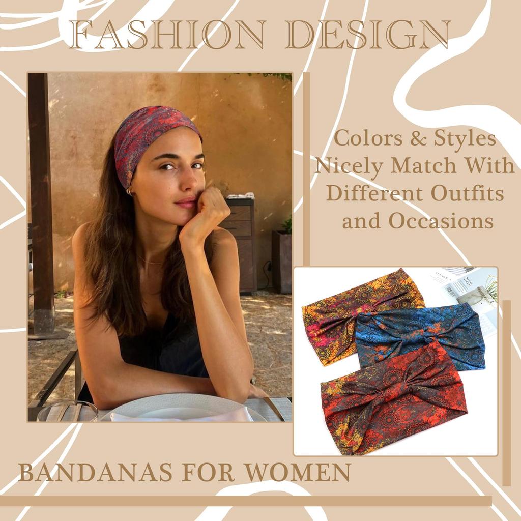 Boho Headbands for Women Cotton Wide Headwrap Non Slip Stretch Hairbands Workout Yoga Head Bands Bandage Running Bandana Turban Hair Accessories