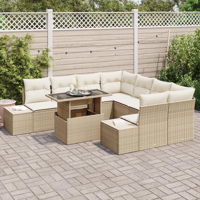 VidaXL Ensemble de salon de jardin 9 pièces avec coussins en rattan poly beige 3357894