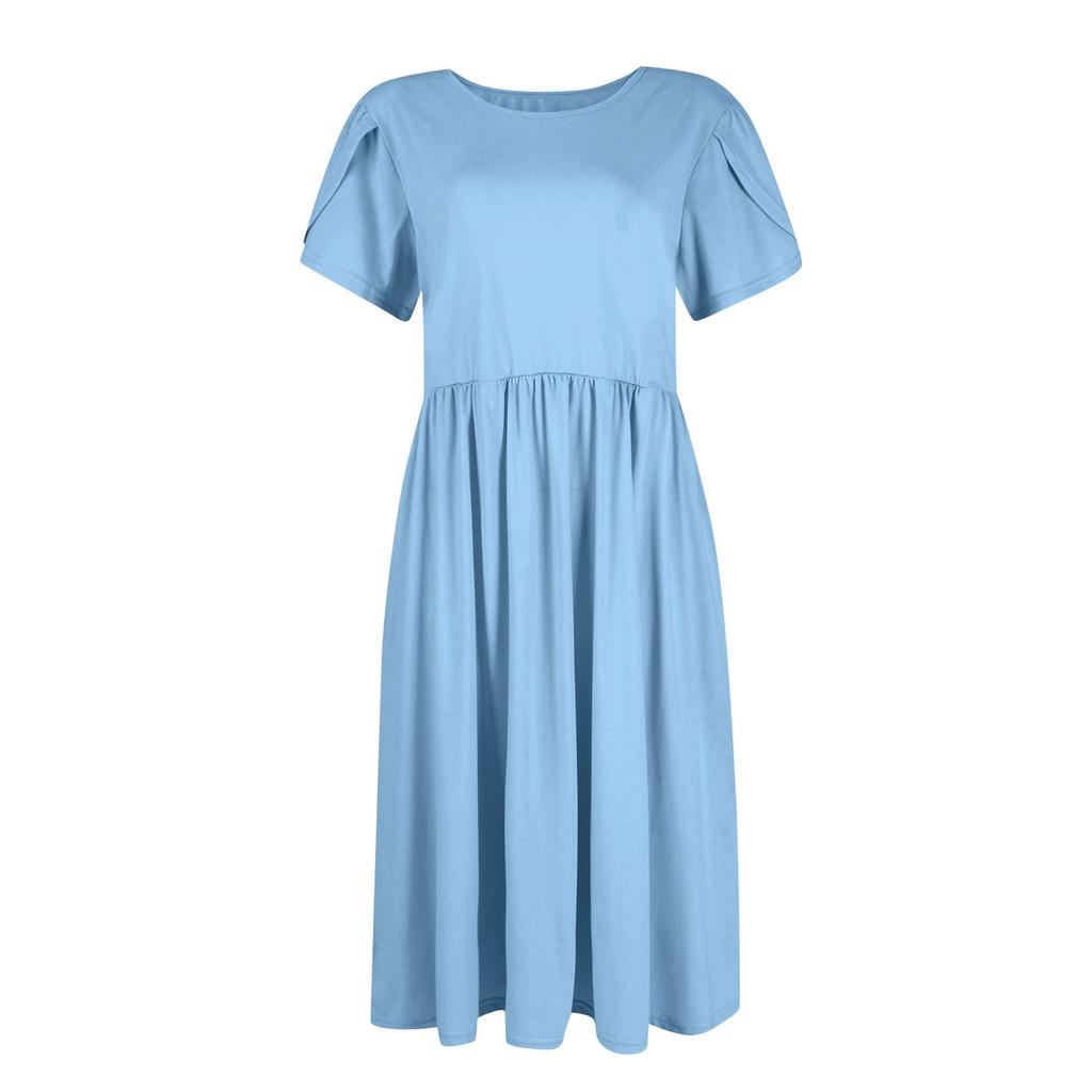 Женское повседневное однотонное платье с круглым вырезом и лепестками, с короткими рукавами, карманом и эластичной резинкой на талии