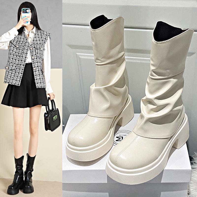 Плиссированные кремовые сапоги на толстом каблуке - 2025 осень/зима британская мода женские сапоги на высоком каблуке
