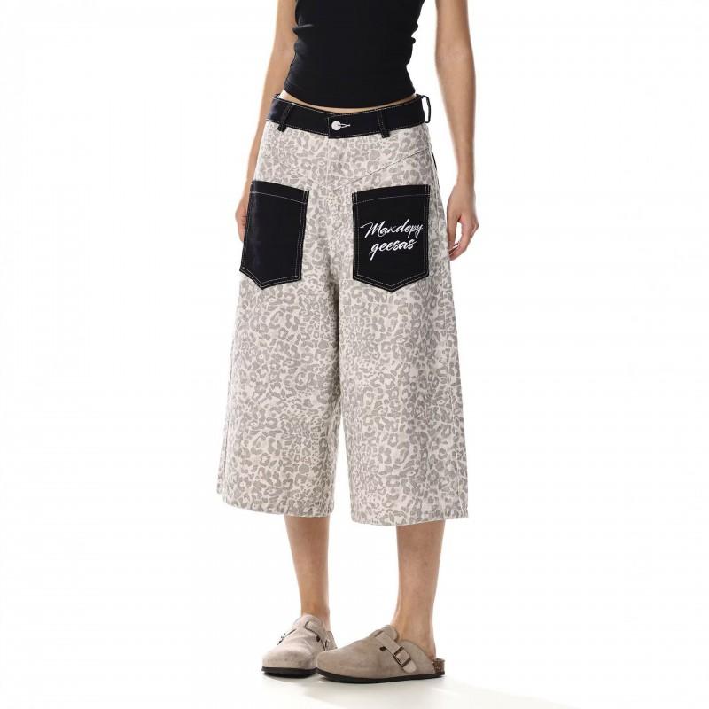 Vintage Leopard Print Patchwork Denim Cropped Wide Leg Straight Pants Men Women Streetwear
