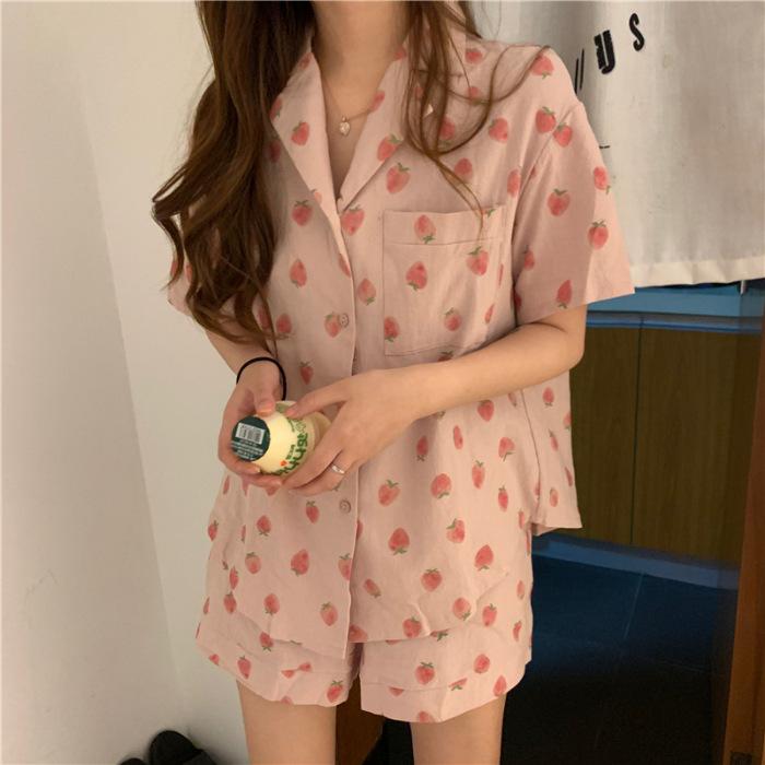 Pajama Set for Women In Summer, Cute Strawberry Print, Sweet Girly Korean Style Casual Design, Soft and Simple Pajamas for Women