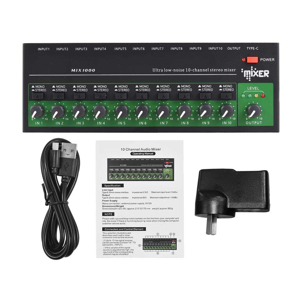 10-канальный аудиомикшер Стерео моно линейный микшер 6,35 мм TRS/TS вход металлический корпус аудио типа C