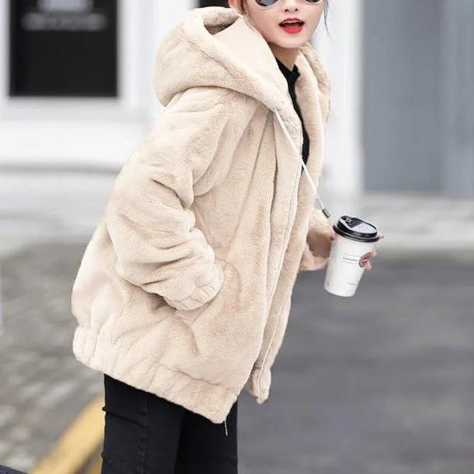 Thickened Fleece Hooded Jacket Women's Mid-Length Winter New Style Korean Loose Long Sleeve Trendy Rabbit Fur Simulation Sweatsh